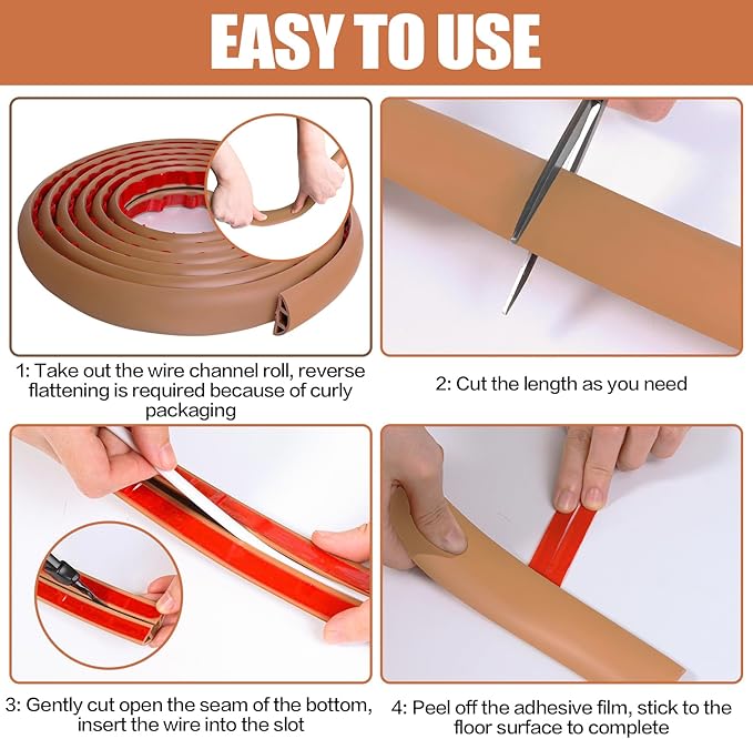 Floor Cord Cover Self Adhesive Cord Hider,3.3FT Cable Management, Extension Strip Protector for Wires, Prevent Cable Trips for Offices, Gyms, Exhibitions Cavity:0.51"(W) x 0.3"(H) Brown