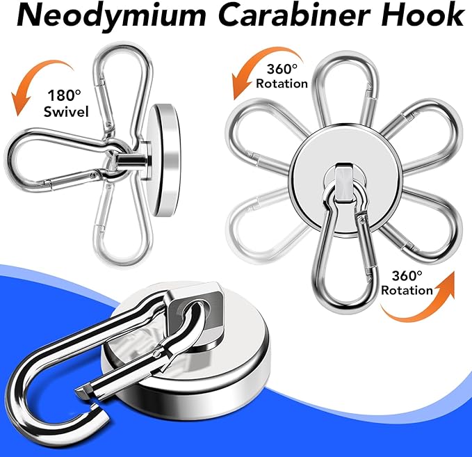 LOVIMAG Strong Magnetic Hooks, 70LBS Heavy Duty Magnet Hooks Strong Neodymium Magnets with Carabiner Hook, Hook Magnets with Swivel for Hanging, Cruise, Grill, Kitchen, Refrigerator - 12 Pack