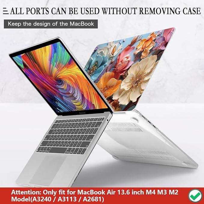 CISSOOK for MacBook Air 13 inch M2 M3 M4 Case 2022 2023 2024 2025 Release, Flower Hard Shell Cases with Keyboard Cover OTG Adapter for MacBook Air 13.6 inch A3240 M3113 A2681
