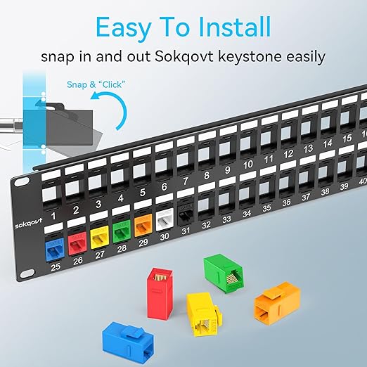 48 Port Blank Keystone Patch Panel with Snap-in Design, Cat6 Network Patch Panel 2U 19 inch, Rack Mount Ethernet Patch Panel (for Slim Keystone Only)
