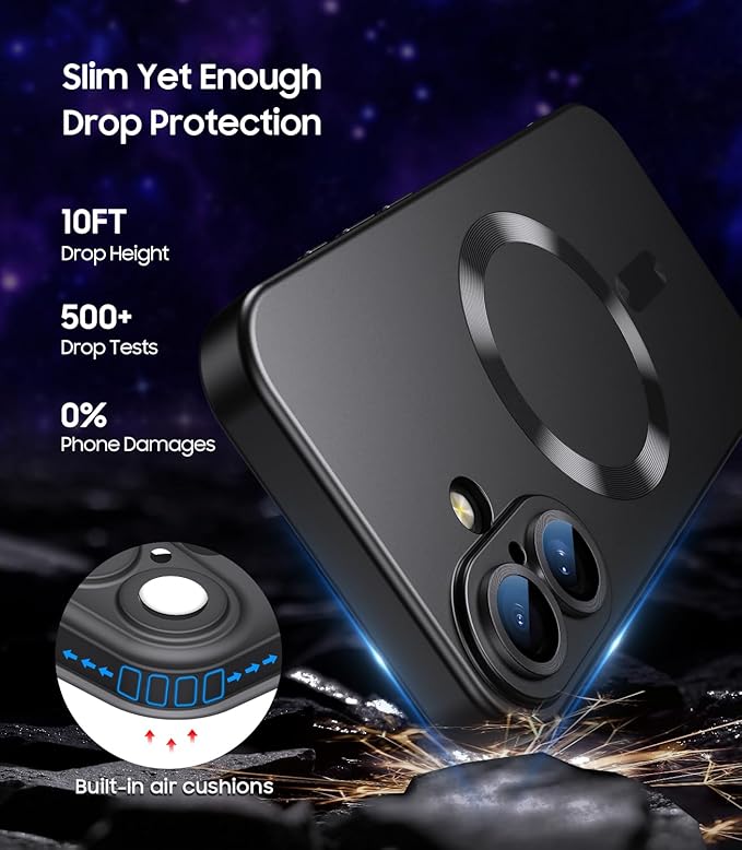 Magnetic for iPhone 16 Case [Compatible with MagSafe][Built-in Camera Lens Protector] Slim Soft Silicone Bumper Shockproof Metallic Luster Phone Case (Black)