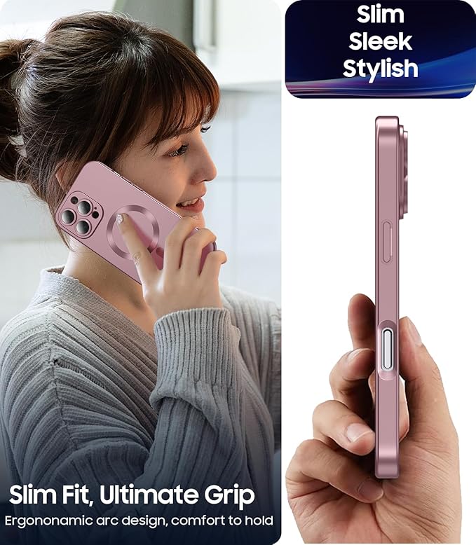 Magnetic for iPhone 16 Pro Max Case [Compatible with MagSafe][Built-in Camera Lens Protector] Slim Soft Silicone Bumper Shockproof Metallic Luster Phone Case (Rose Gold)