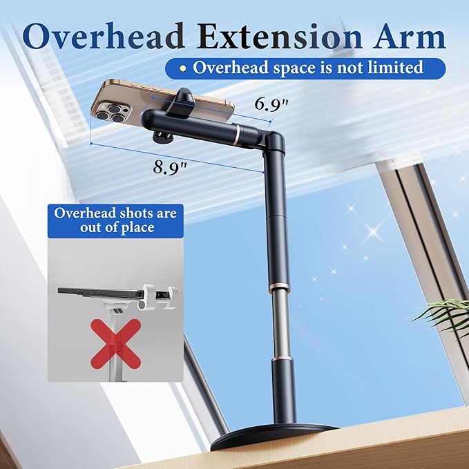 Angle Height Adjustable Phone Holder for Desk [10"-25"] - Retractable Cell Phone Holder for Video Recording Cooking Excising Working Reading -Aluminum Universal iPhone 16 15 14 13 Stand