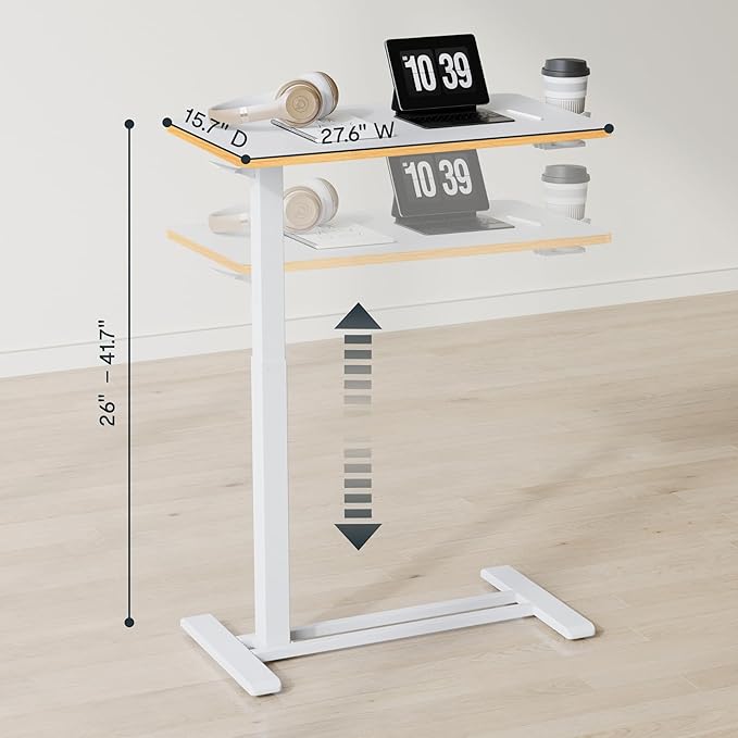 FLEXISPOT Mobile Standing Desk with Wheels Pneumatic Laptop Desk Rolling Computer Cart Movable Height Adjustable Small Sit Stand Desk Computer Workstations Home Use（27.6" W x 15.7" D,White+Maple