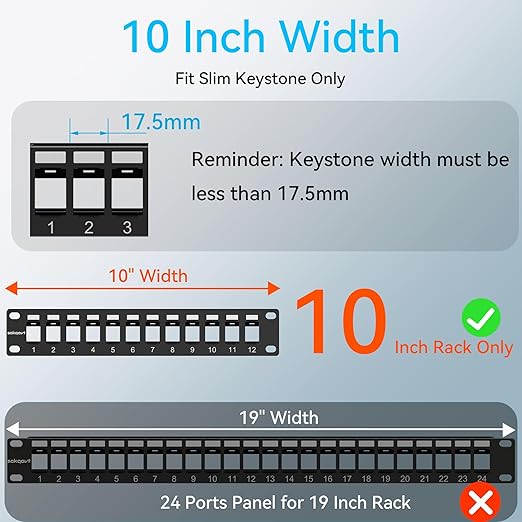 12 Port Mini Blank Keystone Patch Panel with Snap-in Design, Cat6 Network Patch Panel 1U 10 inch, Rack Mount Ethernet Patch Panel (for Slim Keystone Only)
