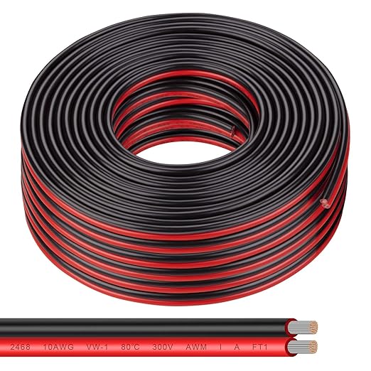 10 Gauge Wire 100FT Tinned Copper Wire-2 Conductor Parallel Wire Insulated Stranded Wire for Solar Panel Car Audio Automotive Low Voltage Electrical Wire for LED Lighting (10AWG 100FT)
