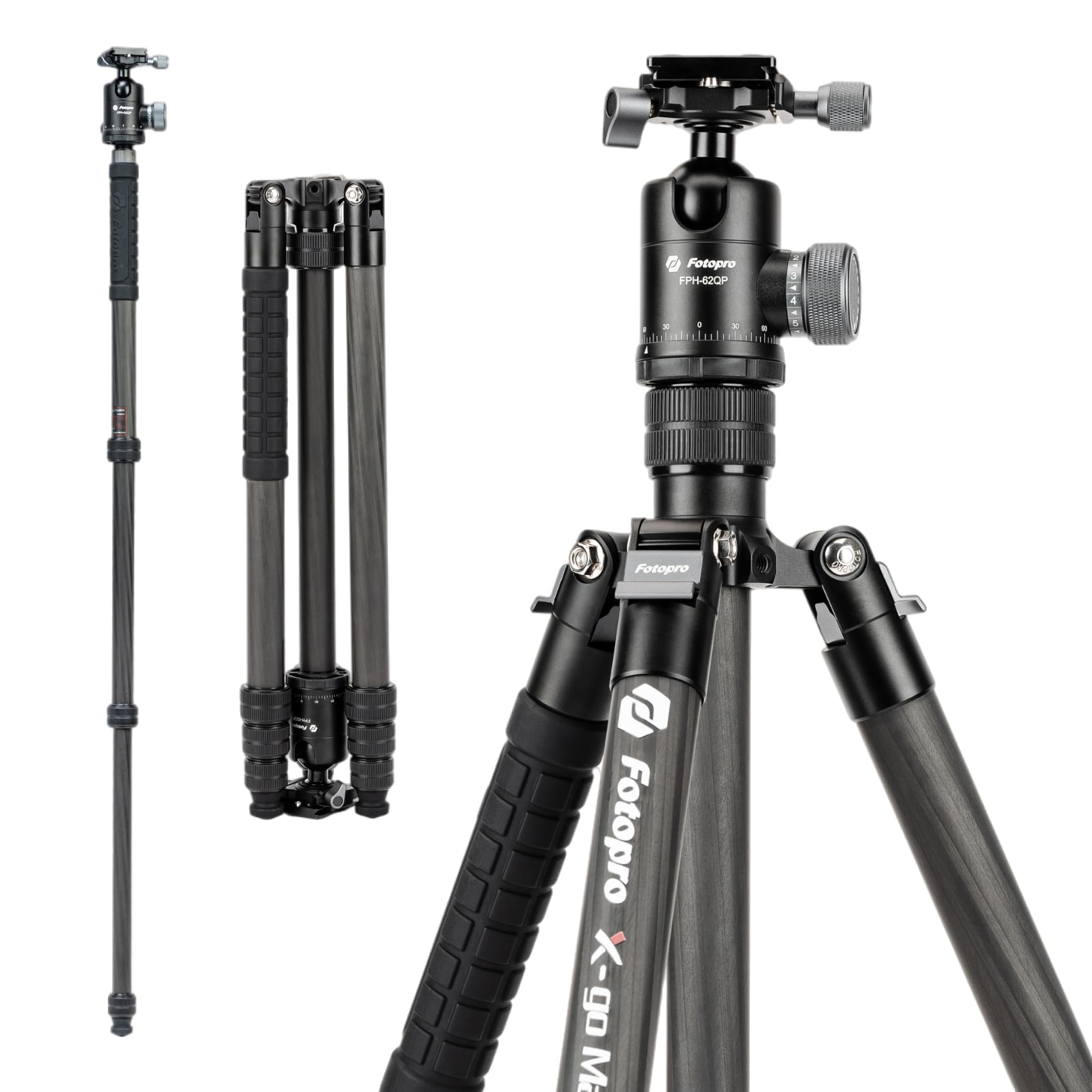 Fotopro 68" Carbon Fiber Travel Tripod, Heavy Duty Camera Tripod with Ball Head, Detachable Monopod with Quick Release Plate and Bag, Load up to 12KG/26lbs