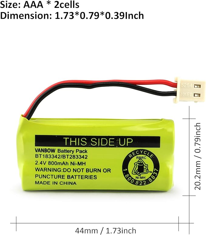 BT183342/BT283342 2.4V 800mAh Ni-MH Battery Pack, Compatible with AT&T VTech Cordless Phone Batteries BT166342/BT266342 BT162342/BT262342 CS6709 CS6609 CS6509 CS6409 EL52100 EL50003 (Pack 2)