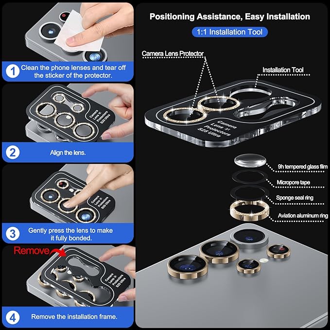 WSKEN for Samsung Galaxy S25 Ultra Camera Lens Protector - Ultra Thin Case Friendly, 9H Shatterproof Tempered Glass with Aluminum Metal Circle Camera Screen Protector Cover Accessories, Glitter Gold