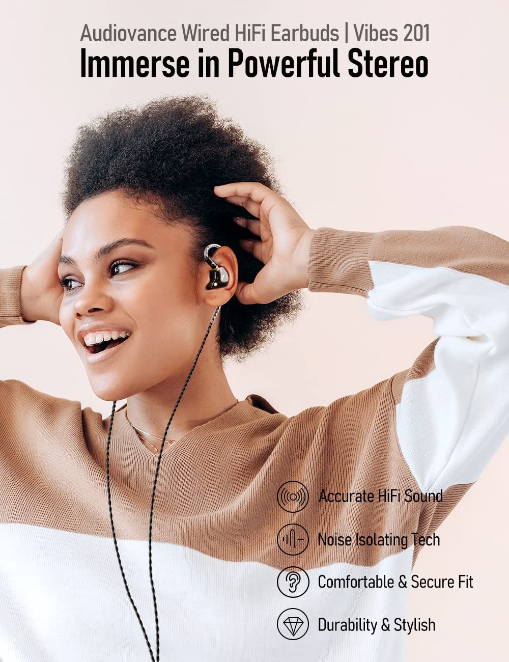 Audiovance Vibes 201 HiFi Wired Earbuds, 3.5mm in-Ear Headphones
