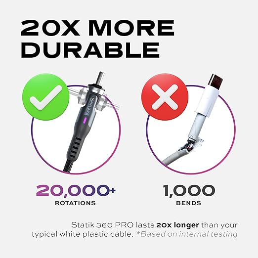 Statik 360 Pro Magnetic Charging Cable - Type C Charger Fast Charging 3 in 1 USB C to USB C Cable, Micro USB & iProduct Tips, USB A Adapter, Fits All Devices - 100W Fast Charger, Black 10FT, 3 Pack