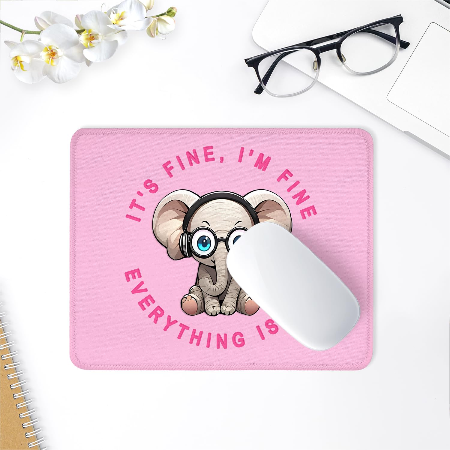 ITNRSIIET Mouse Pad with Stitched Edge Premium Textured Smooth Precise Operation Waterproof Washable Non-Slip Rubber Base Desktop Protection Mat, 10.2×8.3×0.12 inches, Pink Pretty Elephant