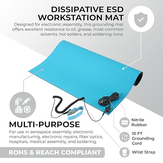 MWRF Source ESD Mat Kit with Wrist Strap and Grounding Cord (0.12" Thickness) (18 Inches x 47 Inches, Blue)