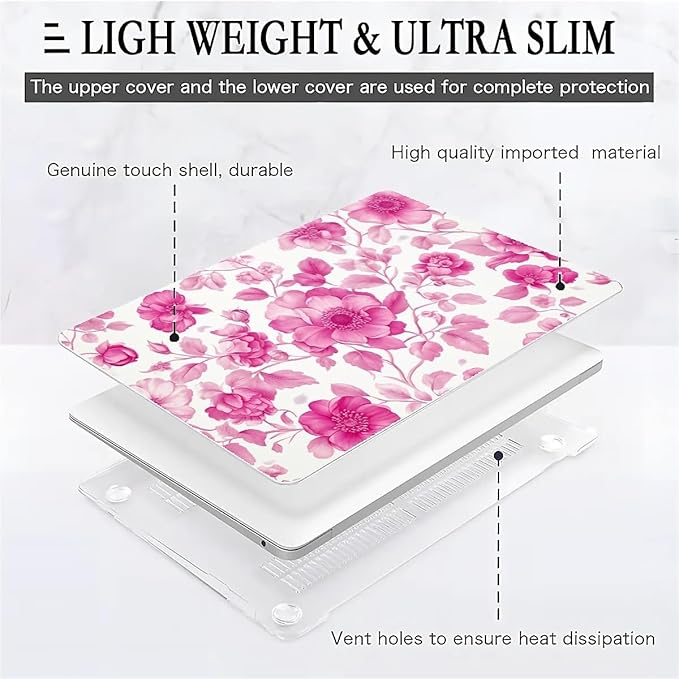 Compatible with MacBook Air 13.3 13.6 Inch Case 2022 2021 2020 2019 Plastic Hard Shell Case Cover,13.3 Pro(A1706/A1708/A1989/A2159/A2289/A2338), Pink Vintage Floral
