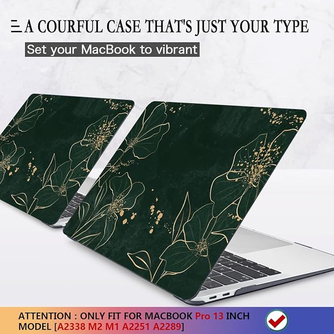 CISSOOK Case for MacBook Pro 13 Inch M2 M1 Chip A2338 A2251 A2289 Model 2025-2020, Hard Shell Case+ Keyboard Cover+ Screen Protector for MacBook Pro 13 with Touch Bar, Elegant Gold Lotus
