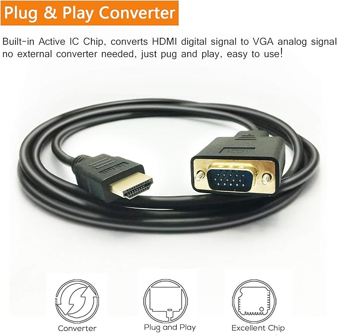 HDMI to VGA Cable, 1080P HDMI Male to VGA Male M/M Video Converter Cord VGA Adapter Compatible w/HDMI Desktop, Laptop, DVD to 15 Pin D-SUB VGA HDTV Monitor Projector - 6Feet