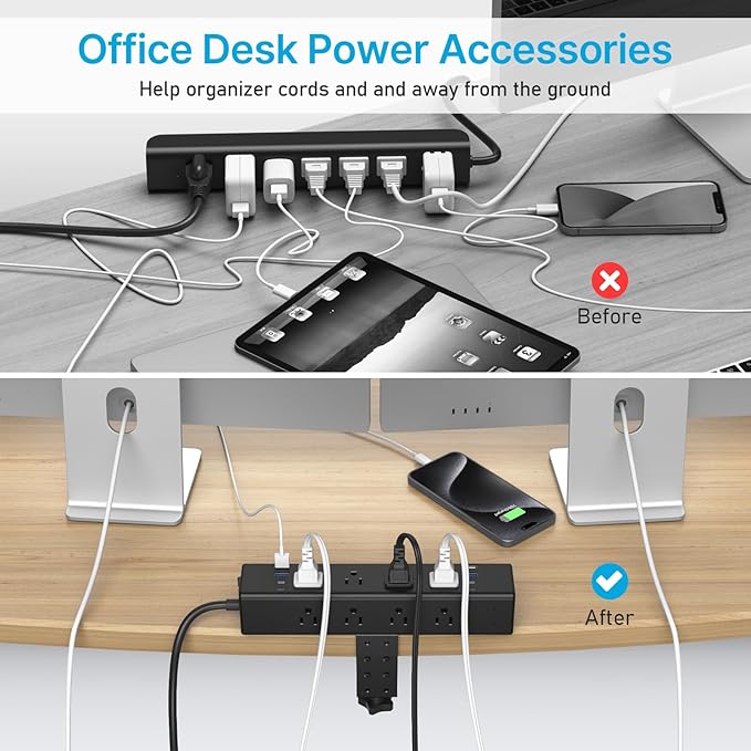 CCCEI Desk Outlet Station 20W USB C Port. 12 Outlet Desktop Clamp Power Strip Surge Protector 4800J with Switch. Nightstand Office Standing Desk Accessories Fit Thicker Table Edge or Screw Mount, 10FT