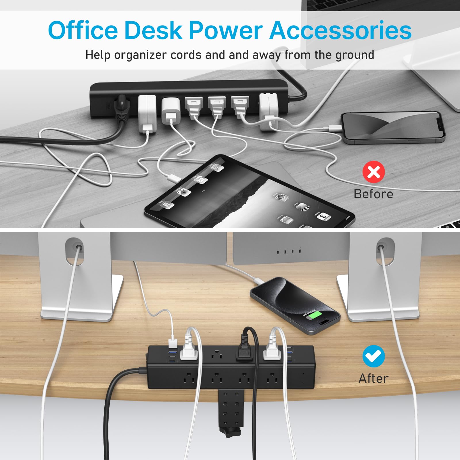 CCCEI 20W Per Side USB-C Desktop Outlet Station, Clamp Power Strip Surge Protector 4800J, Home Office Standing Desk Organizers and Accessories, 10FT 14AWG 15A Extension Cord, Switch, ETL Listing.
