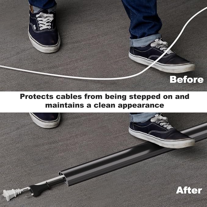 6FT Side-Open Extension Cord Covers for Wires on Floor,Silicone Power Cable Protector Cord Hider Management Strip,Hide Electric Wire on Carpet,Chord Runner Protective Safety Wiremold,Black