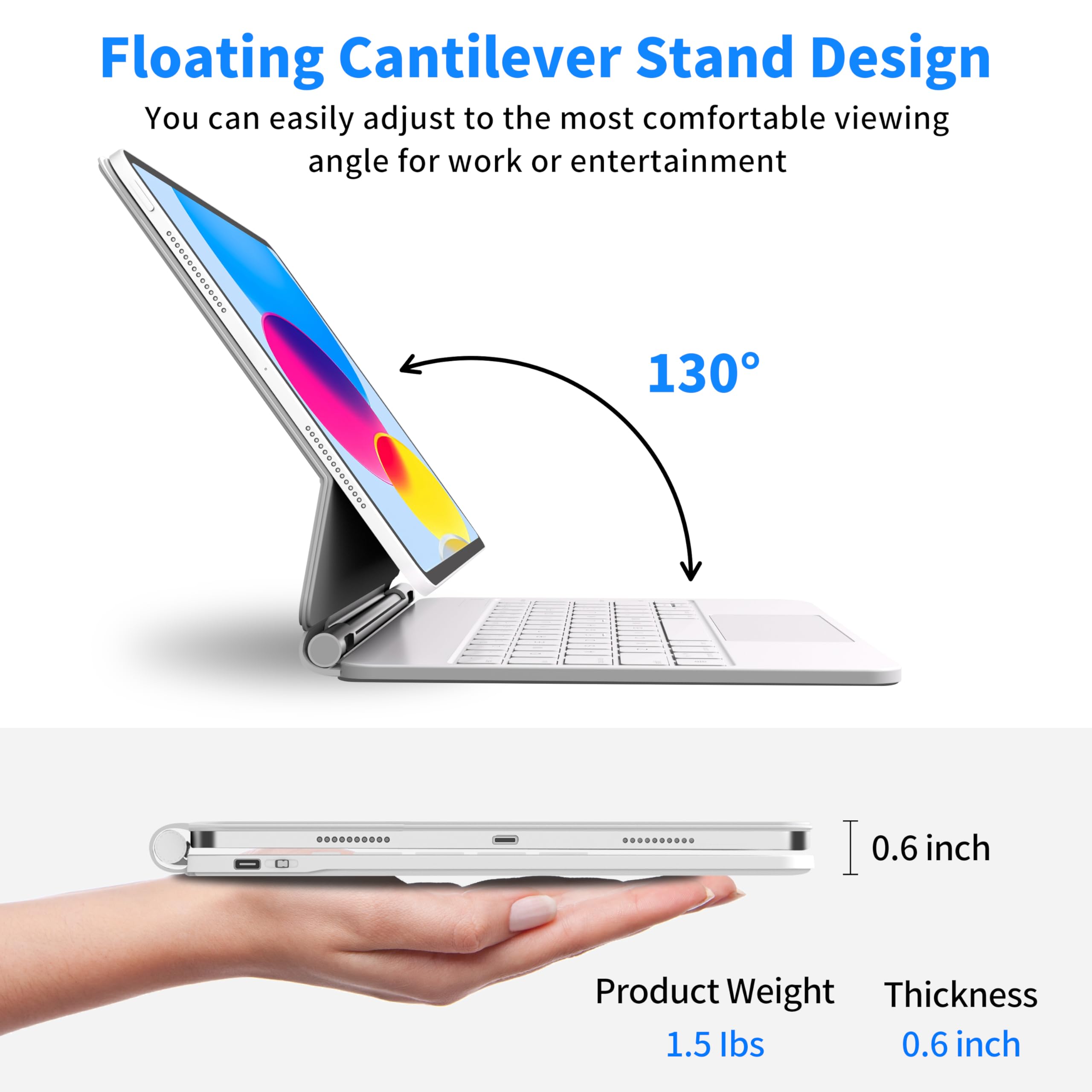 Otuoor Magic Keyboard for iPad 10th, Effortless Command, The Comfort Angle, iPad 11th (A16 2025) Case with Keyboard, Uninterrupted View, Snap Tight, 7 Color Backlight, Multi-Touch Trackpad, White