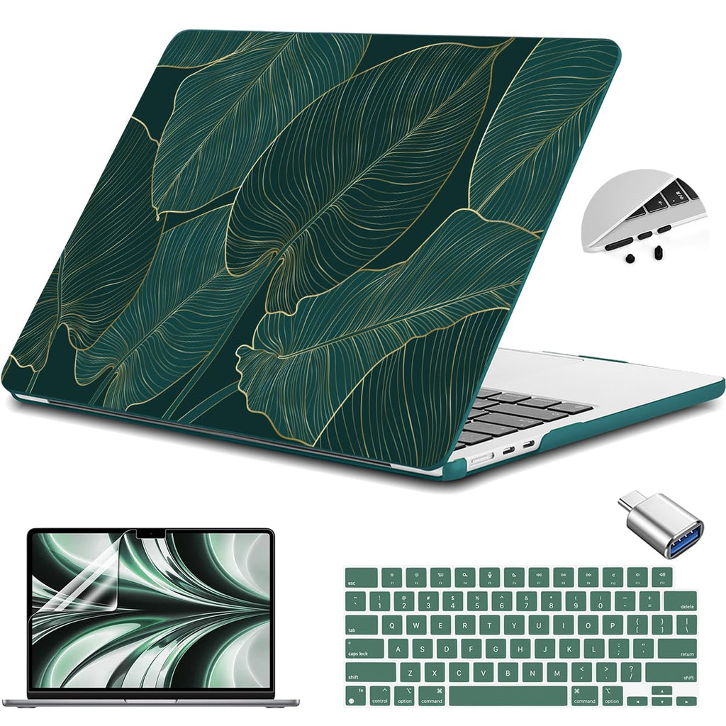 Teryeefi Compatible with MacBook Air 13.6 Case M2 M3 M4 2022-2024 2025 Release (Model:A2681 A3113/A3240), Plastic Hard Shell Cover with Screen Protector & Keyboard Cover & USB 3.0 Adapter, Green Leaf