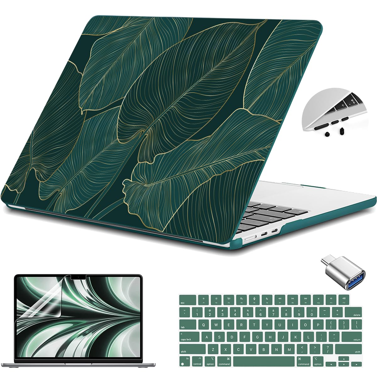 Teryeefi Compatible with MacBook Air 13.6 Case M2 M3 M4 2022-2024 2025 Release (Model:A2681 A3113/A3240), Plastic Hard Shell Cover with Screen Protector & Keyboard Cover & USB 3.0 Adapter, Green Leaf