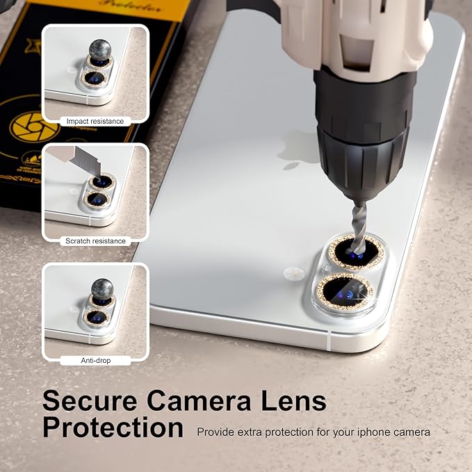 beuxece for 6 Pack iPhone 16 / iPhone 16 Plus Camera Lens Protector [Drop Protection] [Case Friendly] [Easy Installation] 9H Tempered Glass Camera Screen Protector Cover Accessories, Glitter Gold