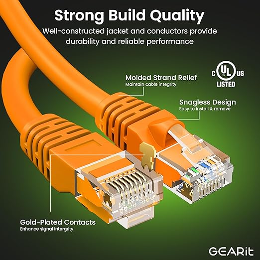 GEARit Cat 6 Ethernet Cable (24-Pack 4 Feet) Cat6 Network Patch, 10Gbps, RJ45, Snagless Cord, Gold-Plated Connectors, Internet for PC, TV, Tablet, Router, Printer, Servers, IT Data Center - Orange