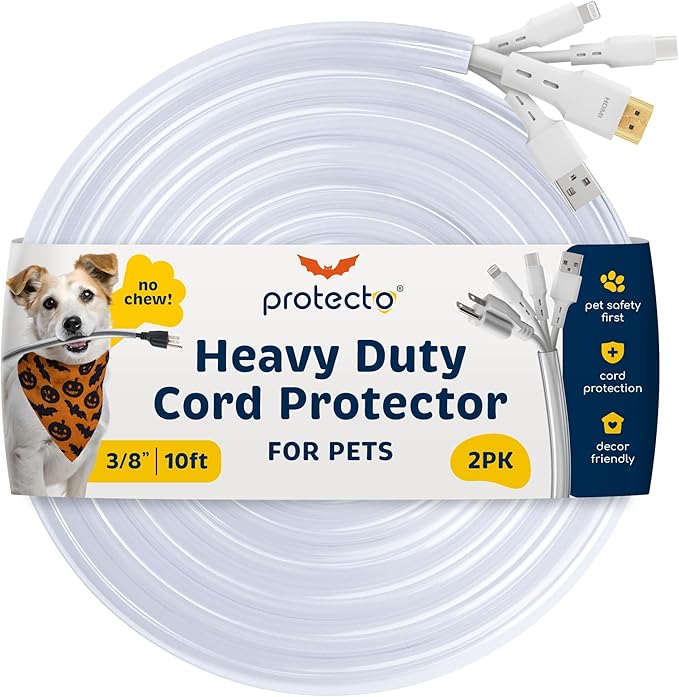 PROTECTO 2-Pack Heavy Duty Cord Protectors from Pets No Chew Solution, 10ft Easy to Use Dog & Cat Cord Protector, Clear & Odorless Critter Cord Covers for Pets, Power Audio Video Wire Protector Tubing