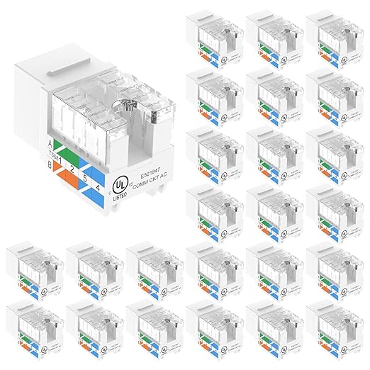 VCE UL Listed 10Gbps Cat6 Keystone Jack Insert 25-Pack, 90 Degree Punch Down RJ45 Keystone Jack Adapter Slim Profile for Patch Panel and Wall Plate