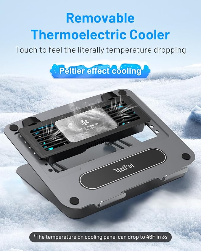 Laptop Cooling Stand with Detachable Thermoelectric Cooler, Adjustable Height & Angle, 360 Rotation Base, Carbon Steel Framework, Ultra-Quiet & Super Sturdy for up to 15.6” Laptop (Black)