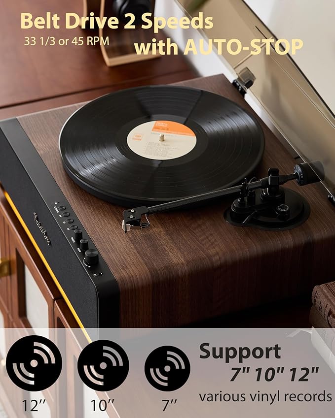Vinyl Record Player, High Fidelity Belt Drive Turntable for Vinyl Records 33/45 RPM with MM Cartridge AT-3600L, Phono Preamp, Bluetooth Record Player with LED Light, Auto Off (Walunt Wood)