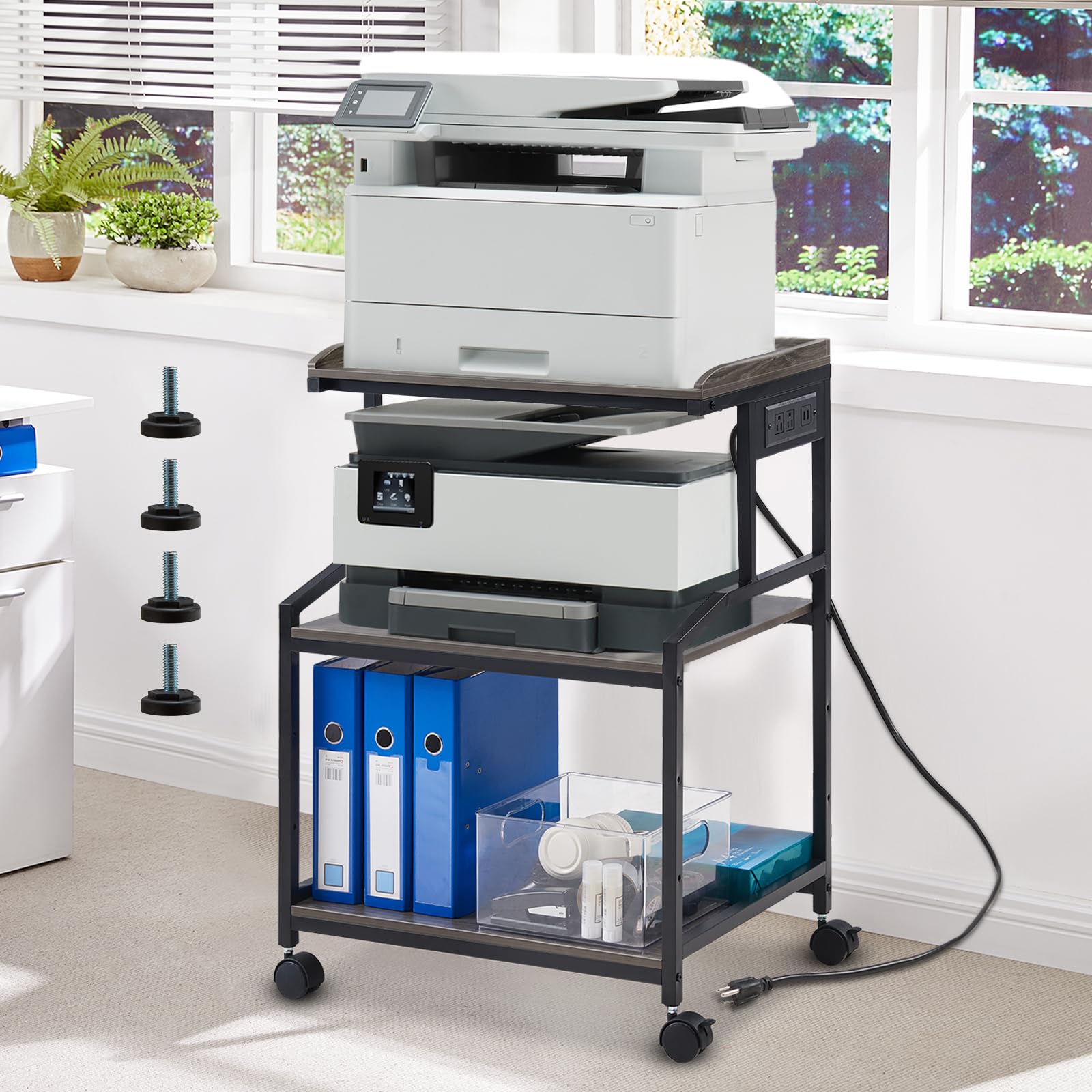 Lauren&Harold 34'' Printer Stand with Power Outlets & USB Ports Grey/Black