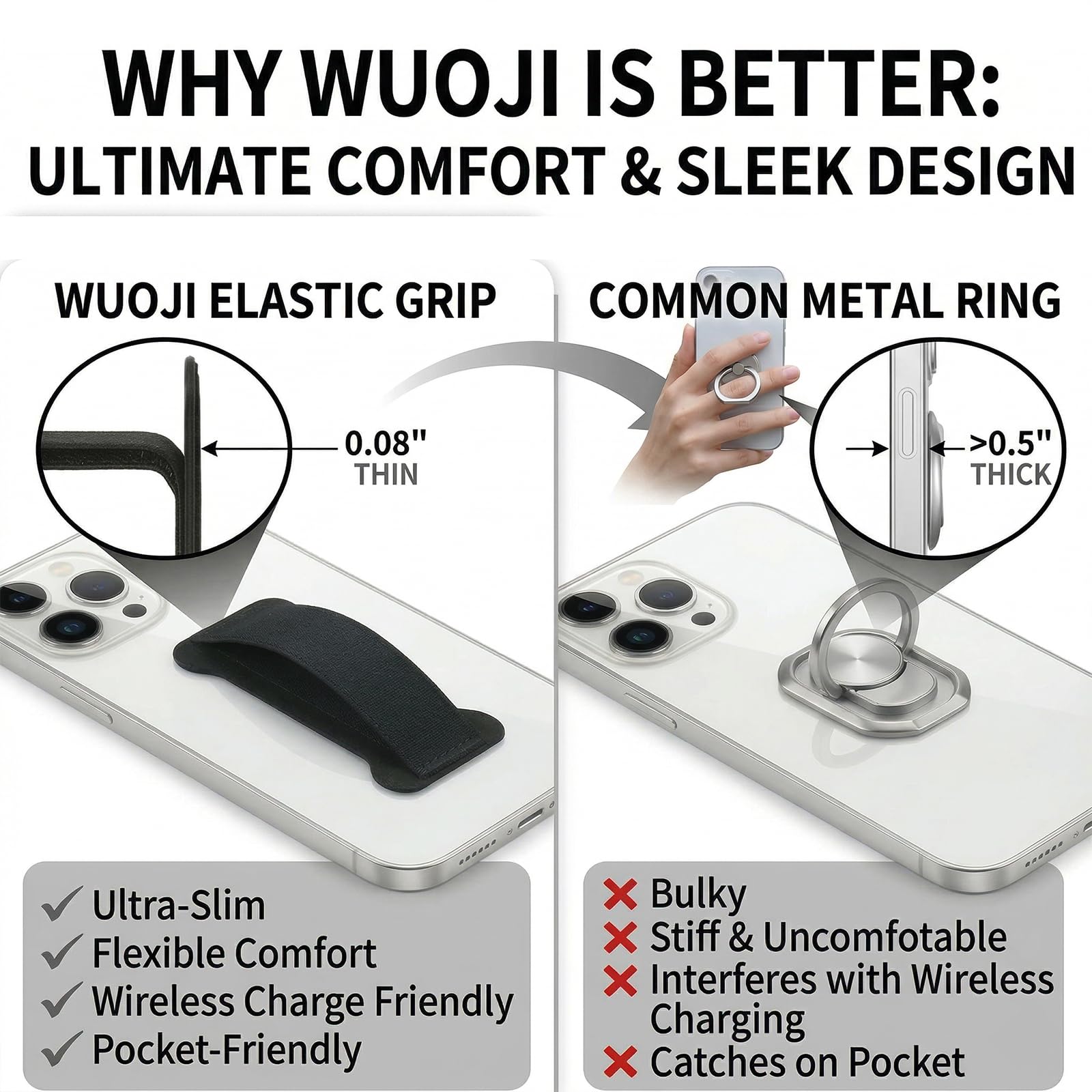 WUOJI Phone Grip Holder for Hand, Universal Finger Strap Phone Holder, Finger Selfie Grip Compatible with Most Smartphones (Gary) - 2Pack