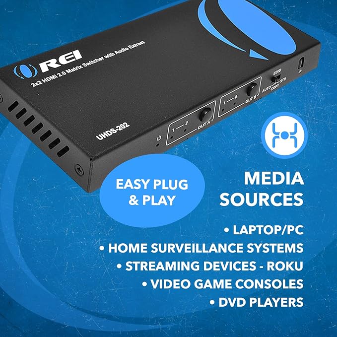 OREI 4K HDMI Matrix Switch 2 X 2, Switcher 18G UltraHD Supports Upto 4K @ 60Hz & 1080P IR EDID HDCP 2.- Remote Control (UHDS-202)