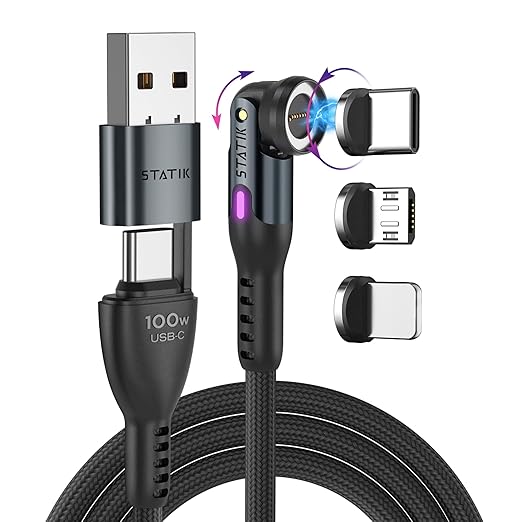 Statik 360 Pro Magnetic Charging Cable - Type C Charger Fast Charging 3 in 1 USB C to USB C Cable, Micro USB & iProduct Tips, USB A Adapter, Fits All Devices - 100W Fast Charger, Black 6FT/2M, 3 Pack