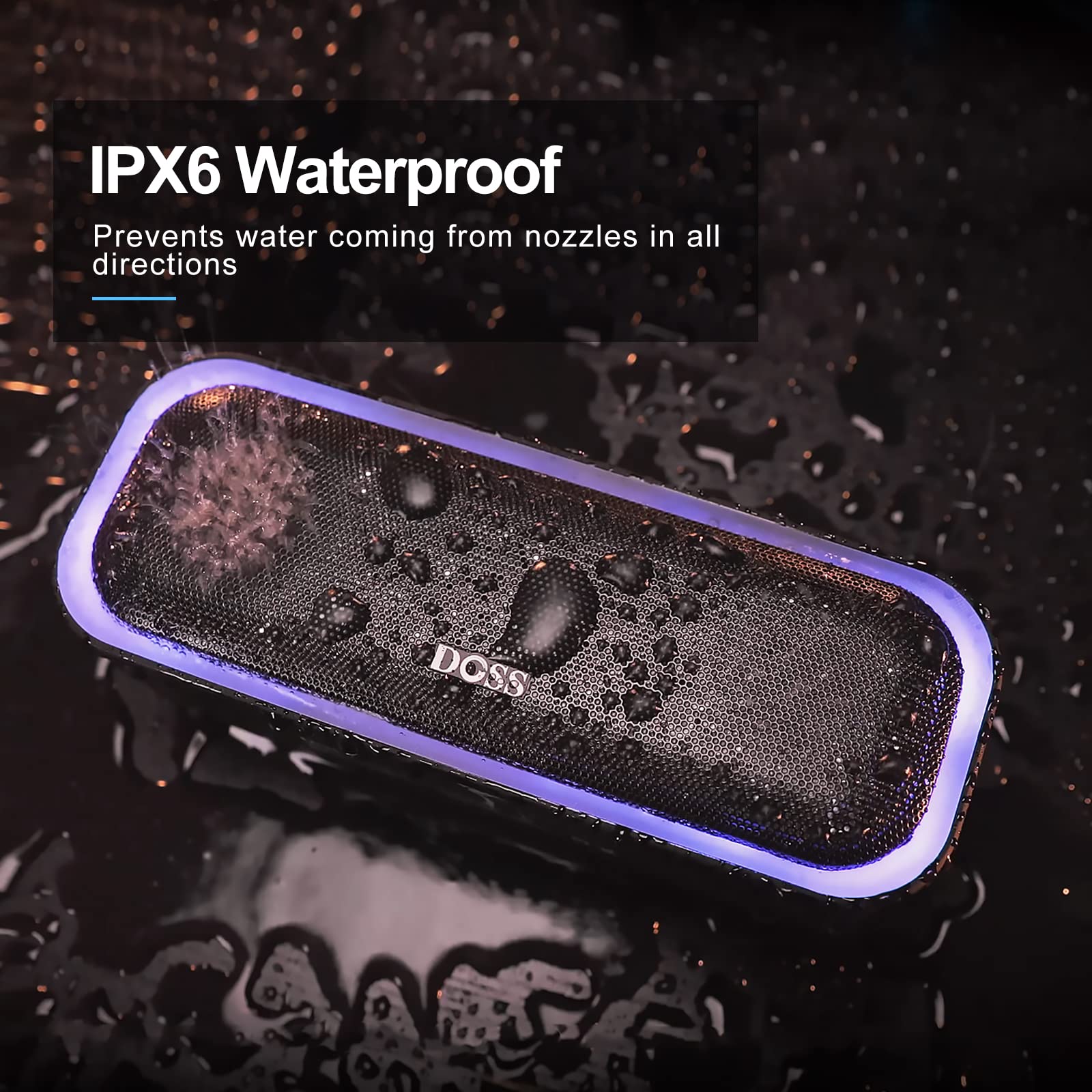 DOSS SoundBox Pro Bluetooth Speaker, 20W Stereo Sound, Active Extra Bass, 20H Playtime, Multi-Colors Lights, Wireless Stereo Pairing, IPX6 Waterproof for Garden, Hiking, Camping, Beach, Party-Blue