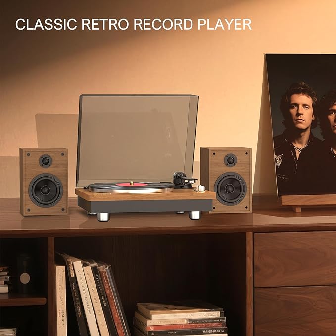 Wohome Vinyl Record Player with 66 Watt External Bookshelf Speakers, High Fidelity System Vintage Turntables for Vinyl Records with Magnetic Cartridge, Bluetooth Playback, RCA line Out and Auto Off