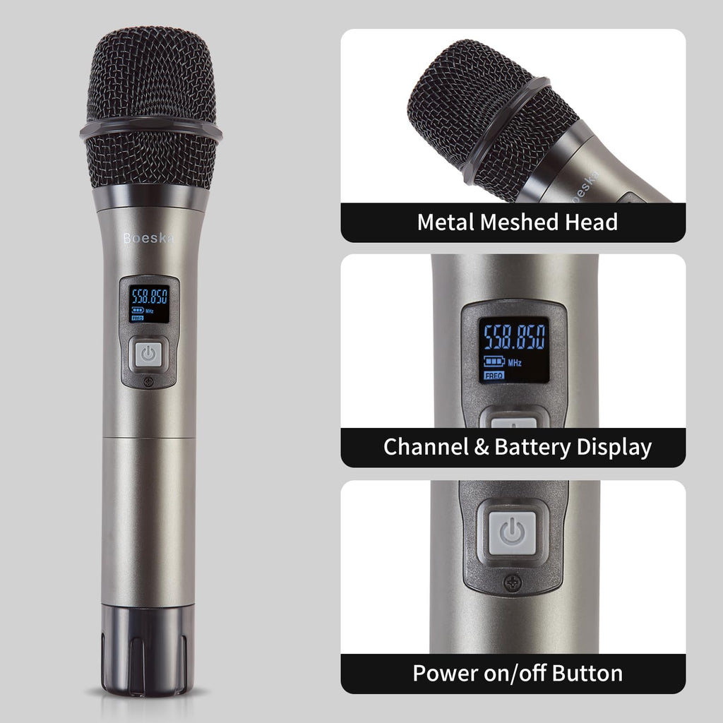 Boeska Wireless Microphone System, 4-Channel UHF Wireless Mic, Fixed Frequency Metal Cordless Mic with 4 Handheld Dynamic Microphones, 200ft Range, Mics for Singing, Church (4 Handheld)
