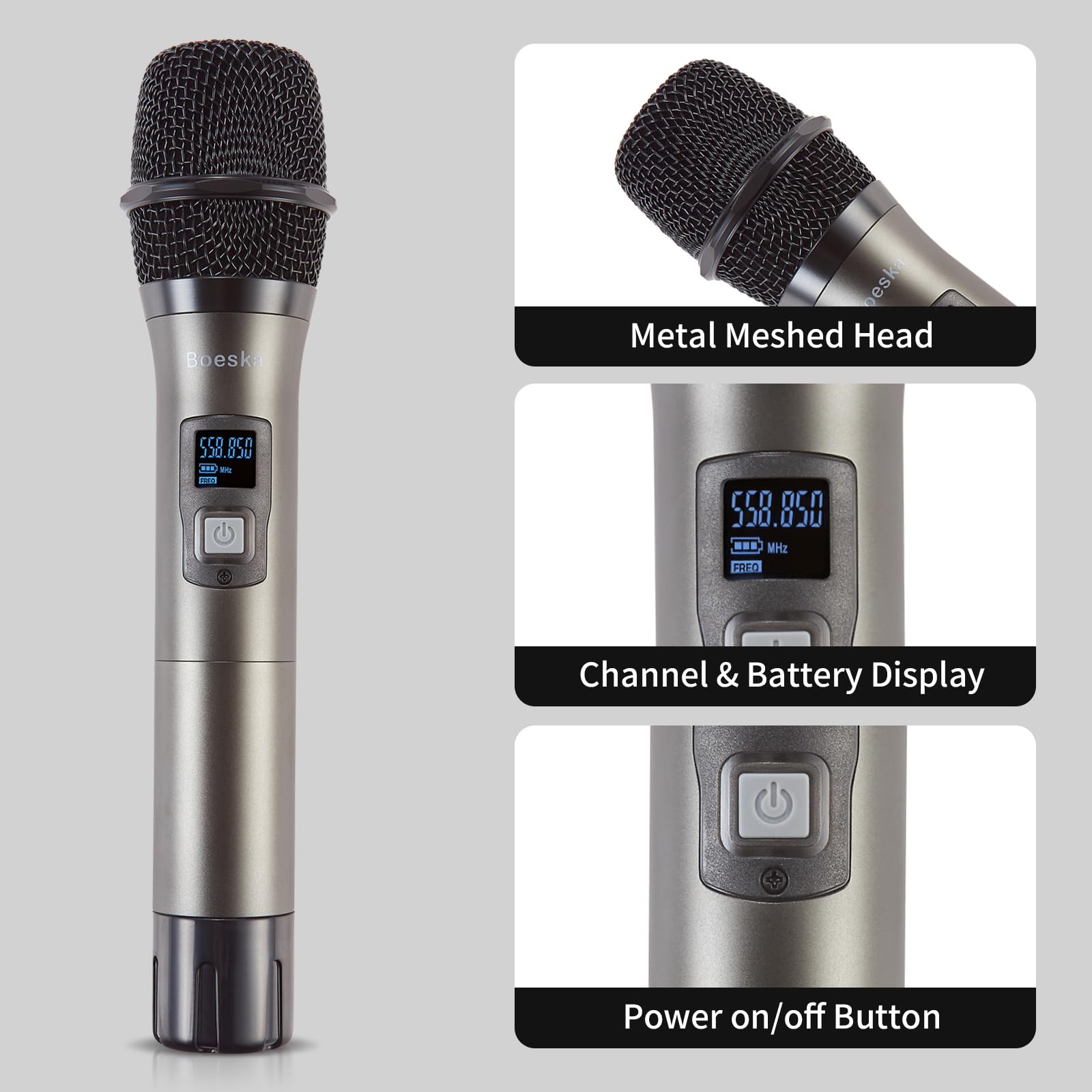 Boeska Wireless Microphone System, 4-Channel UHF Wireless Mic, Fixed Frequency Metal Cordless Mic with 4 Handheld Dynamic Microphones, 200ft Range, Mics for Singing, Church (4 Handheld)