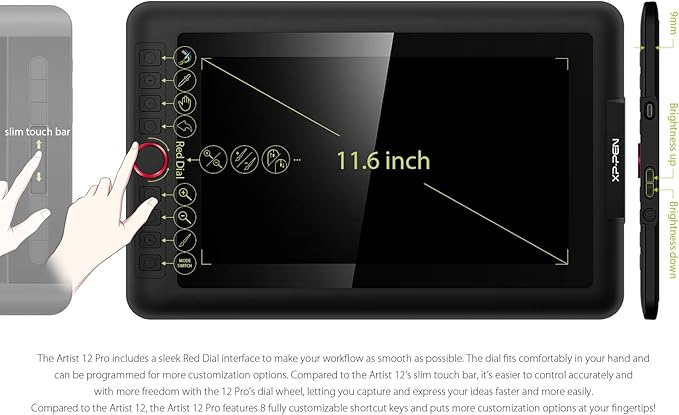 XPPen Artist12 Pro 11.6" Drawing Tablet with Screen Pen Display Full-Laminated Graphics Tablet with Tilt Function Battery-Free Stylus and 8 Shortcut Keys(8192 Levels Pen Pressure and 72% NTSC)
