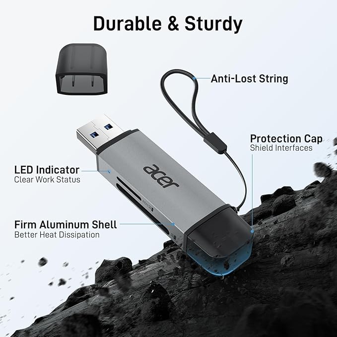 acer SD Card Reader USB C, Dual Slots USB 3.0 Type C to Micro SD Card Adapter, Memory Card Reader for MicroSD, SDHC, SDXC, Compatible with Laptop, PC, iPhone16/15, MacBook Pro/Air, iPad Pro, Android