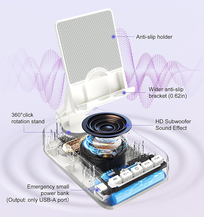 Gifts for Men Women, Bluetooth Speaker Phone Stand with Charging Function 360° Rotable Adjustable Cell Phone Holder HD Surround Sound for Desk Fits All Phones,Tablet (White)