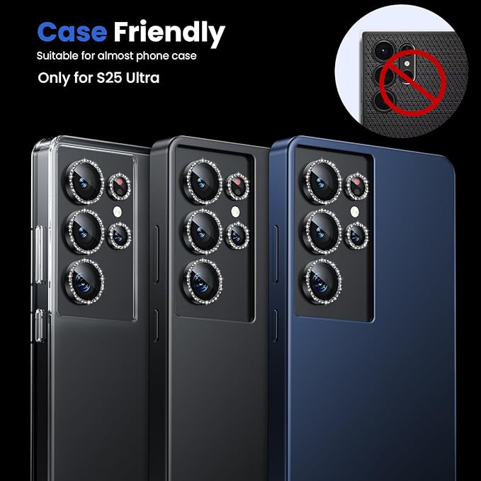 WSKEN for Samsung Galaxy S25 Ultra Camera Lens Protector - Ultra Thin Case Friendly, 9H Shatterproof Tempered Glass with Aluminum Metal Circle Camera Screen Protector Cover Accessories, Glitter Black