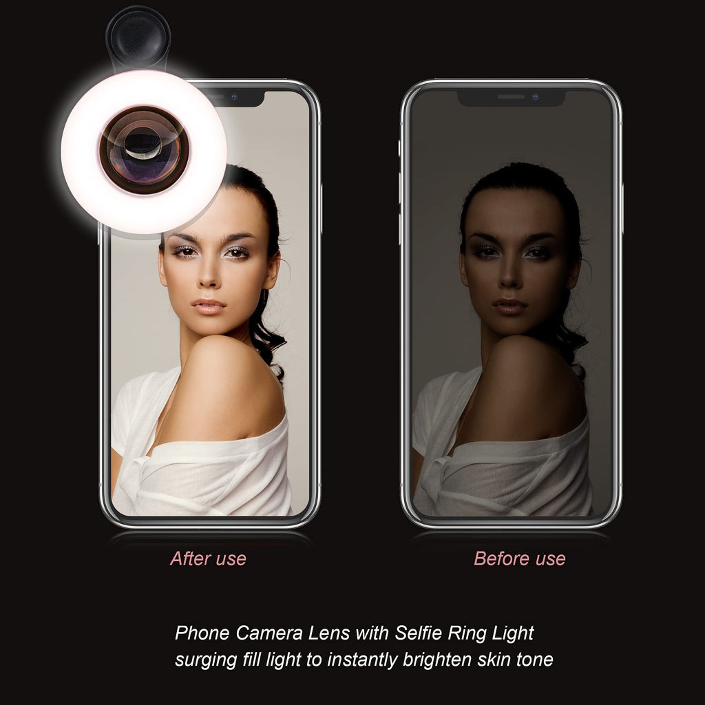 Macro Lens for iPhone and Android with Mini Clip Ring Light, Portable Rechargeable Dimming, for Smart Phone Photography, Camera Video Recording, VLOG