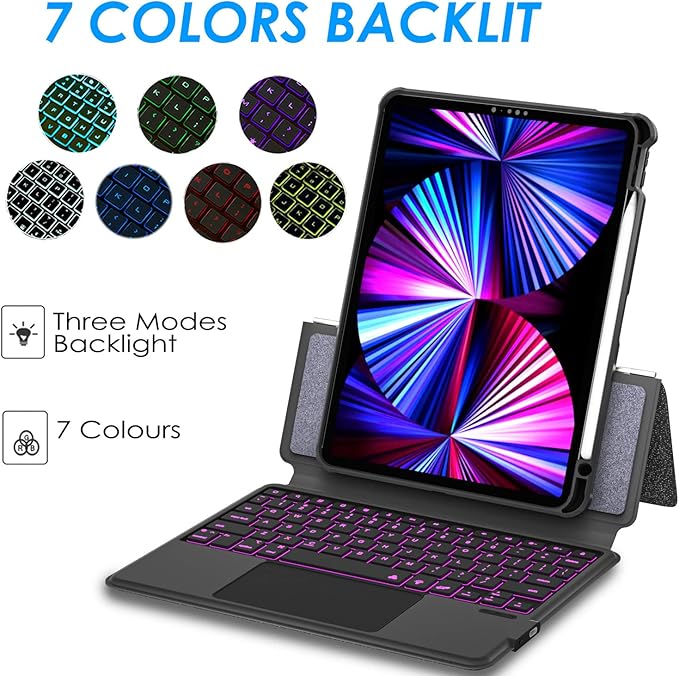 iPad Air 5th Keyboard Case for iPad Air 11 inch (M2) 2024/4th/3rd/2nd/1st Gen -iPad10.9 Air 5 /Air 4 Gen-7 Color Backlight,Touchpad Detachable Slim Cover with Pencil Holder (10.9"/11",Black)