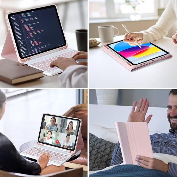 MMK iPad A16 Case (2025, 11"), iPad 10th Generation Case with Keyboard (2022, 10.9"), Wireless Detachable Keyboard, Pencil Holder (Pink)