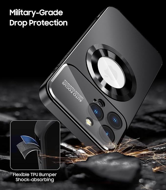 Magnetic for iPhone 12 Pro Case, Compatible with MagSafe, Built-in Camera Lens Protector, Logo View, Military Grade Drop Proof Phone Case Cover, Black