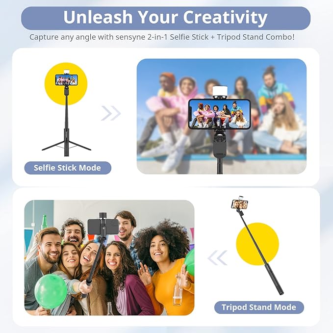 Sensyne Selfie Stick with Light, Phone Tripod with 360° Rotatable Handle Compatible with Cellphones for Selfies/Photography/Video Calls/Live Stream/Content Creating (Black)