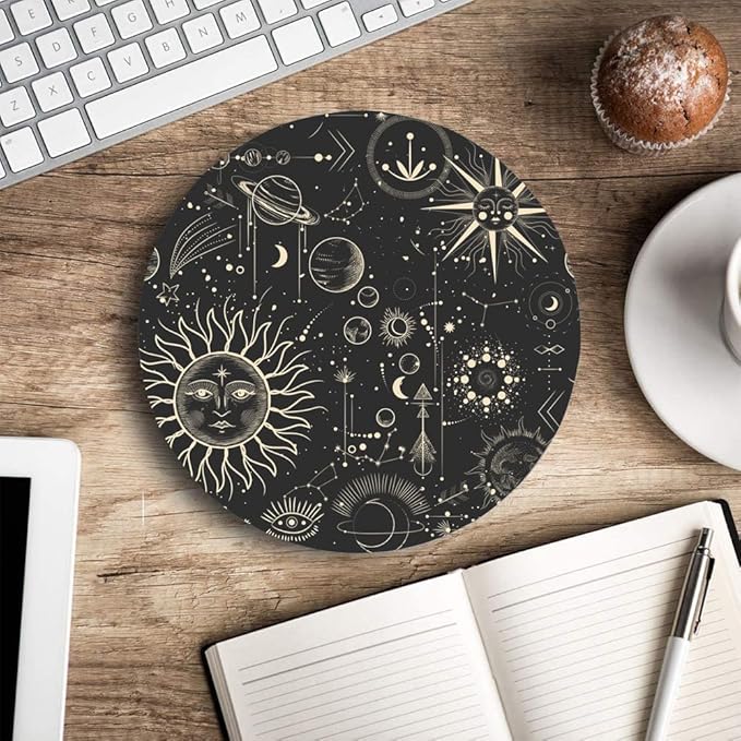 Round Mouse Pad, Celestial Pattern Sun and Moon Mouse Pad, Washable Gaming Mousepads with Lycra Cloth, Non-Slip Rubber Base Computer Small Mouse Pads for Wireless Mouse